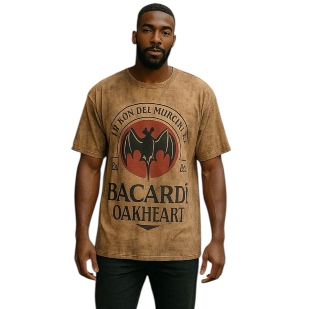 🤑 5/$25 SHEIN Bacardi Oakheart Beige Graphic Bat Short Sleeve Crew Neck Tee